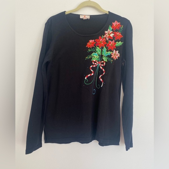 Vntg‎ Quacker Factory Black Poinsettia Christmas Sweater Small Embroidery Beaded - Picture 2 of 9